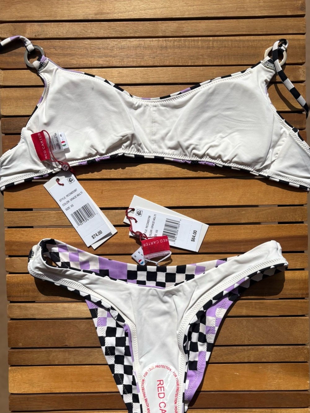 XSMALL NWT RED CARTER - GRACE CHECK ME OUT BIKINI SWIMSUIT BLACK WHITE LILAC - Picture 6 of 8